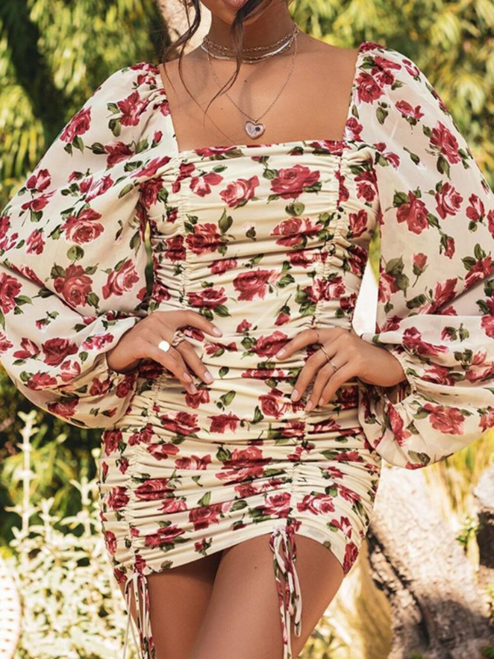 Women’s Autumn Printed Long Sleeve Square Neck Mini Dress